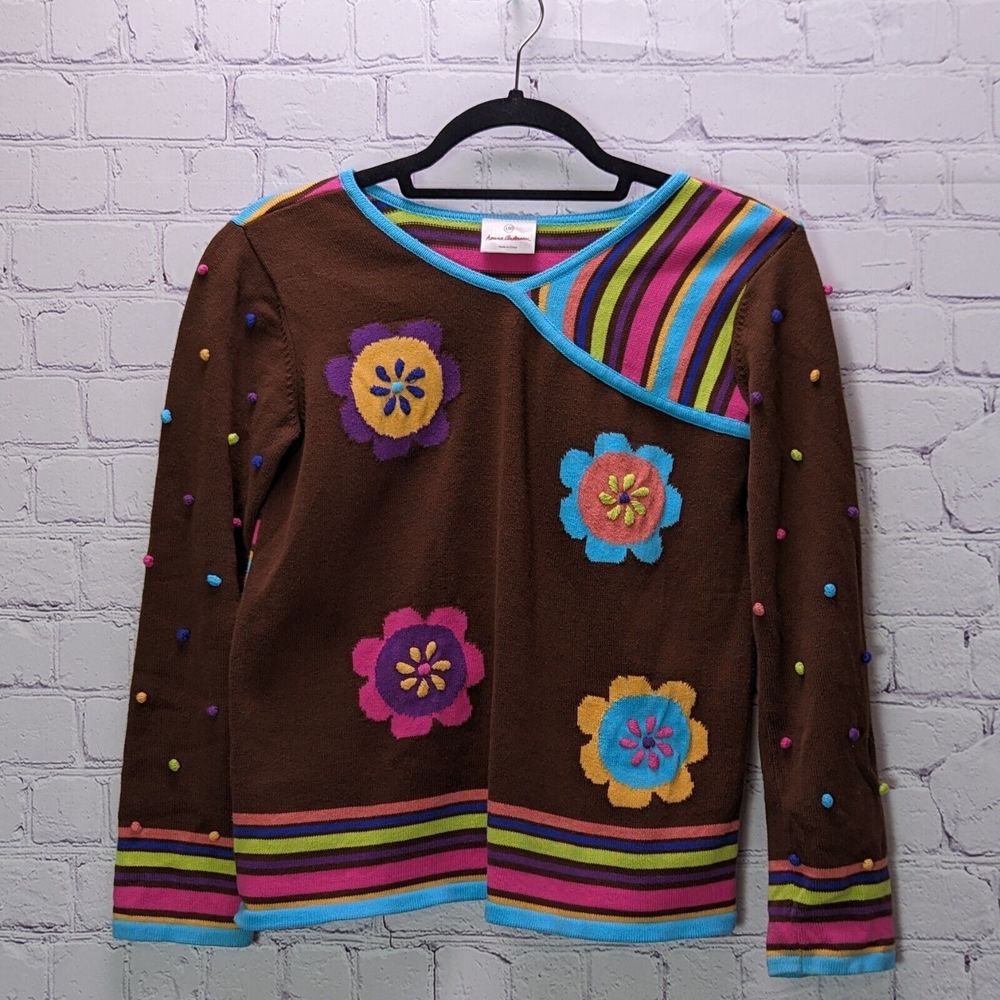 Hanna Andersson 150 US 12 Pullover Sweater Brown Turquoise Floral w Rainbow